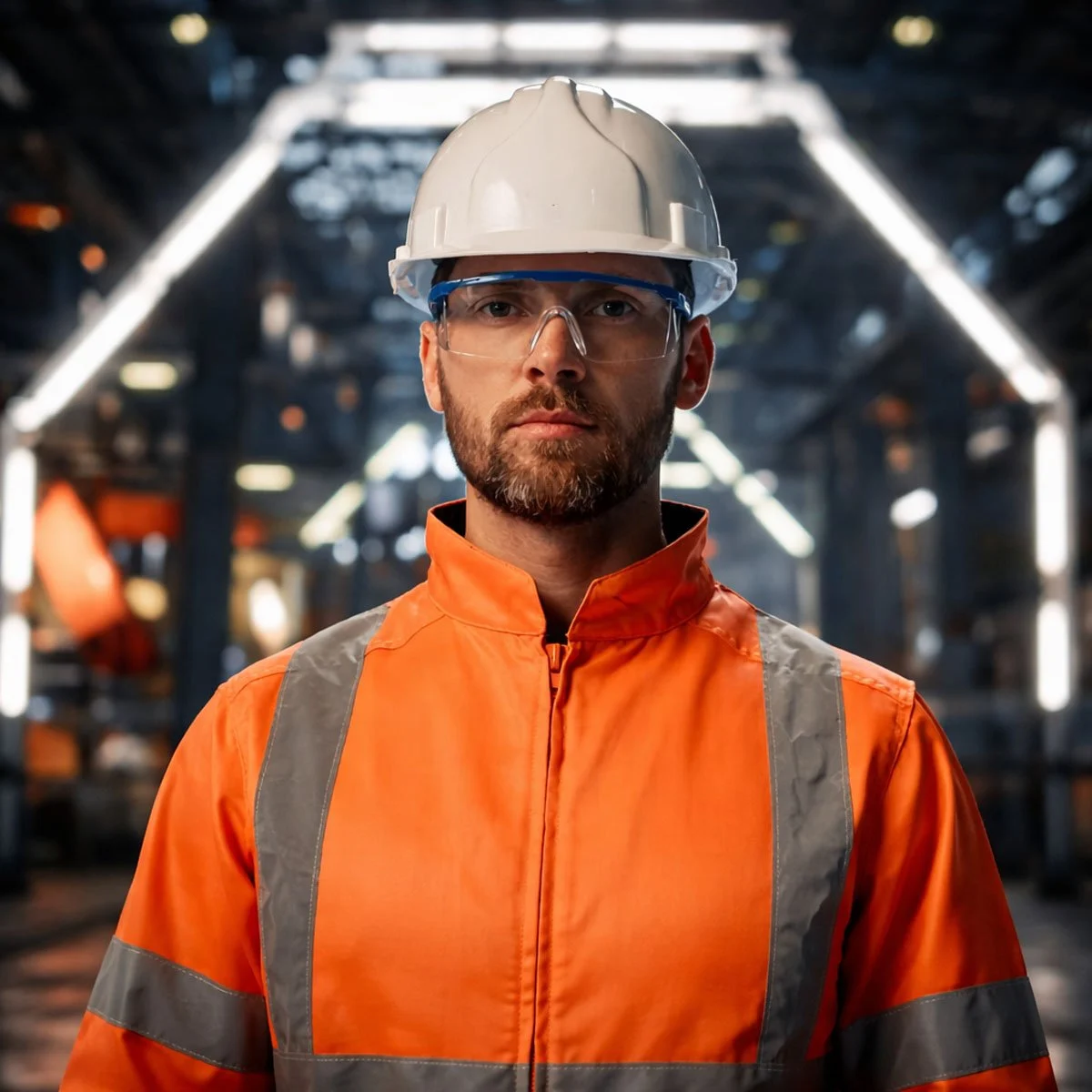 Industriearbeiter mit Schutzhelm und Schutzbrille in Produktionshalle – Trockeneisstrahlen und Laserreinigung für Industrieanlagen